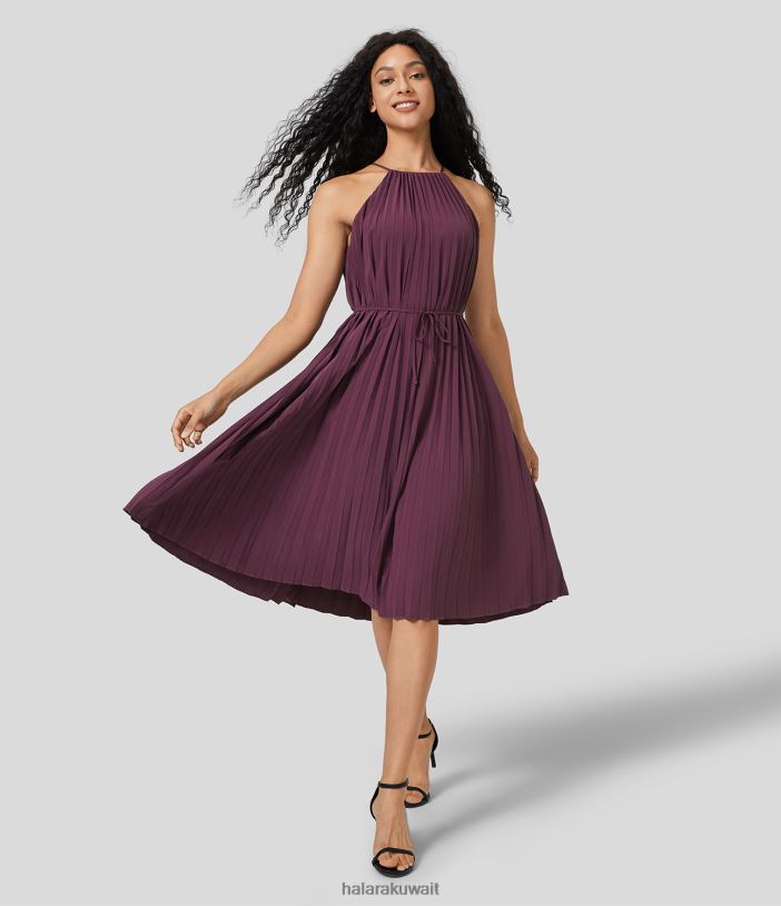 ملابس قطيفة TDP4N1194 نحيف Halara فستان كاجوال متوسط ​​الطول بدون أكمام وحزام من نوع plisse سريع الجفاف وربطة عنق في الخلف