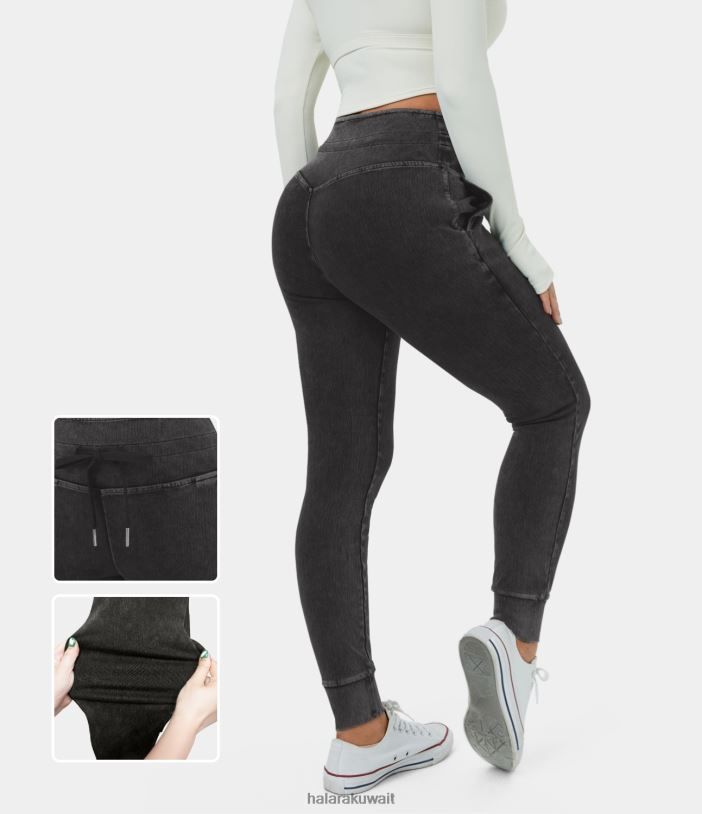 ملابس الدنيم الرمادي الأسود TDP4N11 نحيف Halara بنطال جينز كاجوال بخصر عالٍ ورباط وجيب جانبي مغسول ومتماسك ومطاط