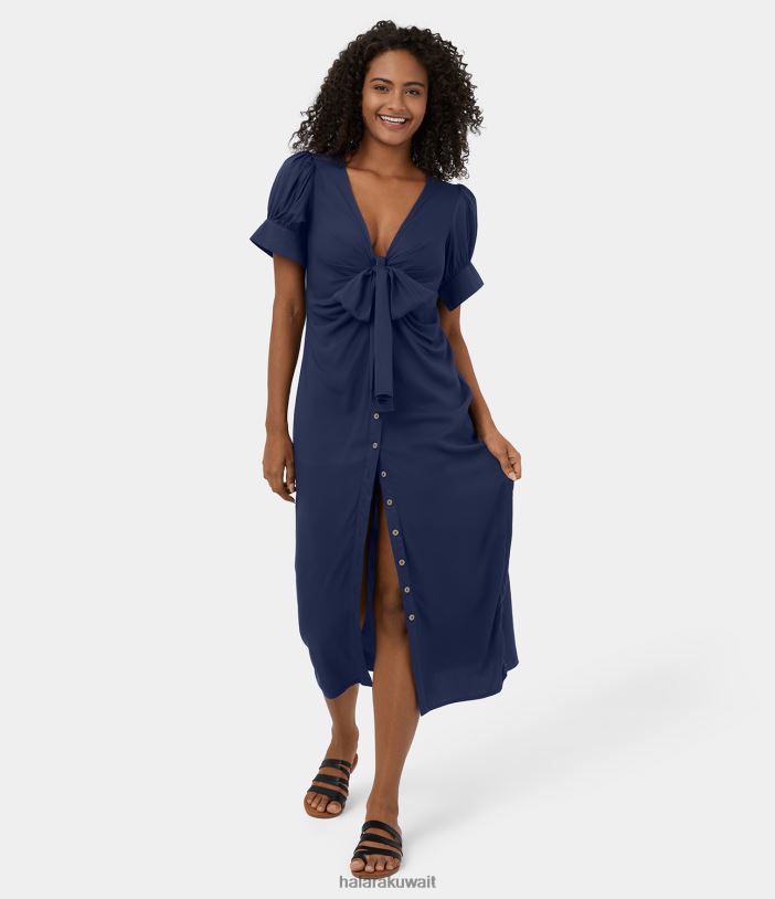 ملابس الياقوت العميق TDP4N1200 نحيف Halara فستان كاجوال متوسط ​​الطول بياقة على شكل حرف V وأكمام أسقف وأزرار وربطة عنق أمامية