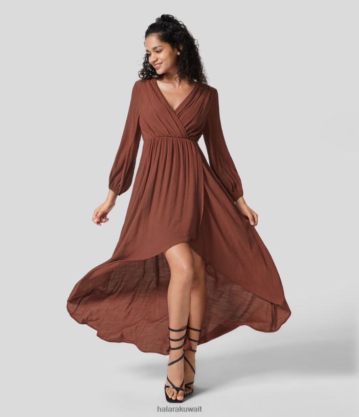 ملابس براندي الشم TDP4N1202 نحيف Halara فستان ماكسي كاجوال بفتحة رقبة على شكل حرف V وأكمام طويلة وحاشية متقاطعة وطويلة ومنخفضة