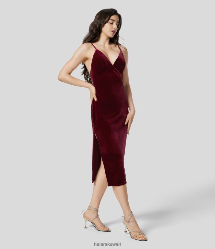 ملابس السانجريا TDP4N1204 نحيف Halara فستان حفلات متوسط ​​الطول برقبة على شكل حرف V وحزام قابل للتعديل وظهر مكشوف من المخمل