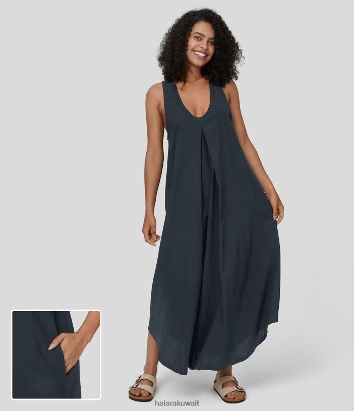 ملابس كسوف كلي TDP4N1207 نحيف Halara فستان طويل كاجوال من القطن برقبة على شكل حرف U بدون أكمام وجيب جانبي مطوي