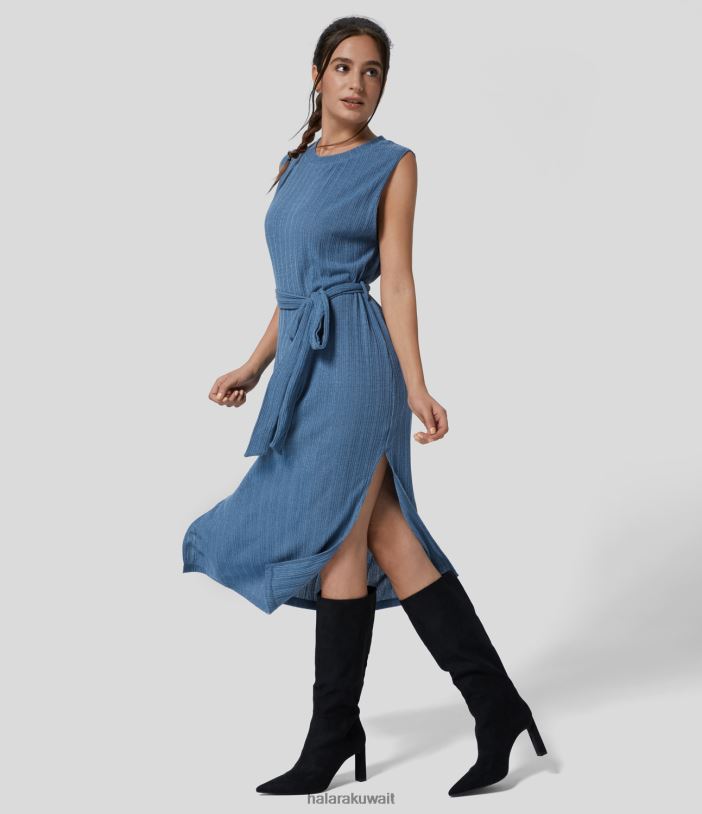 ملابس شجرة التنوب الأزرق TDP4N1209 نحيف Halara فستان كاجوال متوسط ​​الطول برقبة دائرية مضلعة بدون أكمام وحاشية مقسمة بحزام