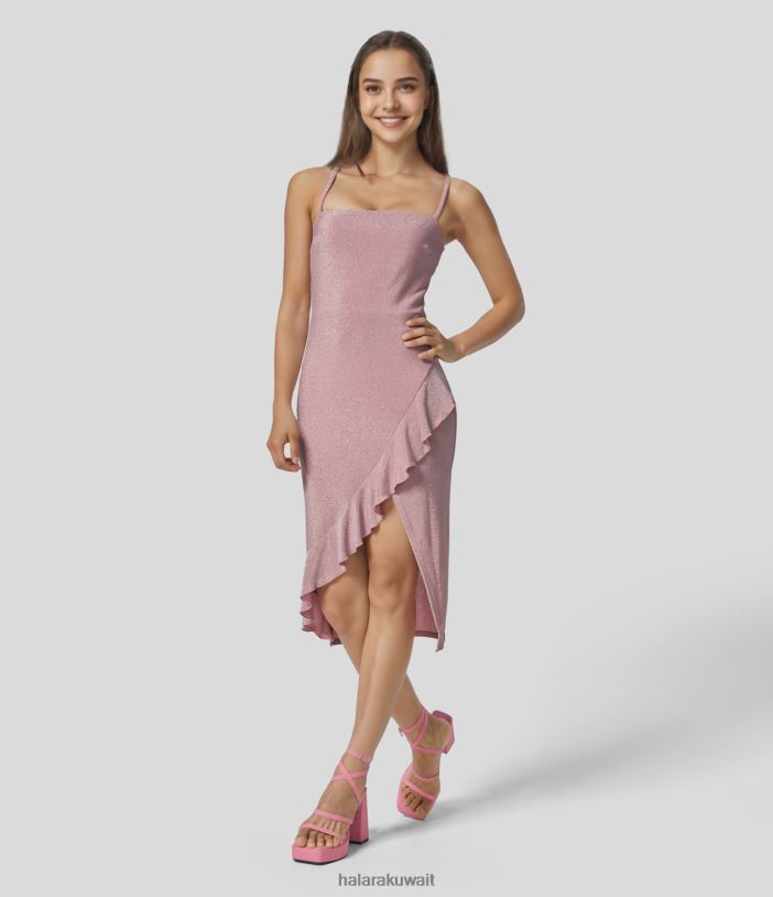 ملابس بريق المشمش الوردي TDP4N1210 نحيف Halara فستان حفلات ميدي سهل الانزلاق معدني متقاطع مع حاشية مكشكشة غير متماثلة بدون ظهر