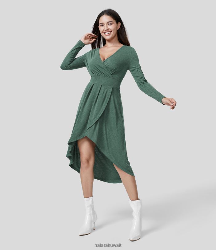 ملابس خيوط زهرية خضراء داكنة TDP4N1211 نحيف Halara فستان كاجوال متوسط ​​الطول بفتحة رقبة على شكل حرف V وأكمام طويلة ومطويات وحاشية متقاطعة عالية ومنخفضة