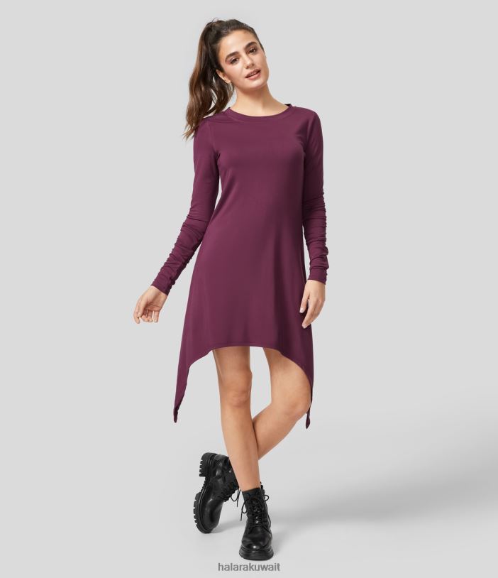 ملابس أحمر بنفسجي TDP4N1212 نحيف Halara فستان كاجوال متوسط ​​الطول برقبة دائرية وأكمام طويلة وحاشية غير متماثلة