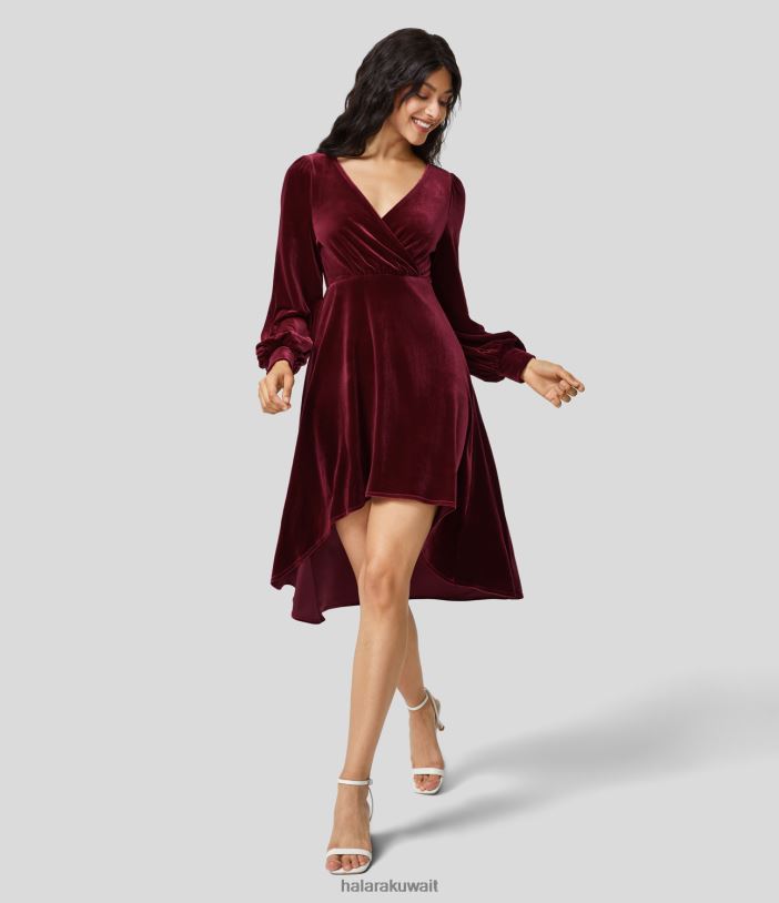 ملابس السانجريا TDP4N1213 نحيف Halara فستان كاجوال متوسط ​​الطول بفتحة رقبة على شكل حرف V وأكمام أسقف مطوية وطويل ومنخفض من المخمل