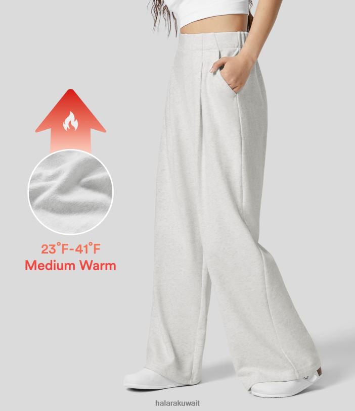 ملابس الشاي زهرة بيضاء رمادية TDP4N121 نحيف Halara بنطلون قطني غير رسمي من الصوف عالي الخصر وجيب جانبي مطوي وواسع الساق