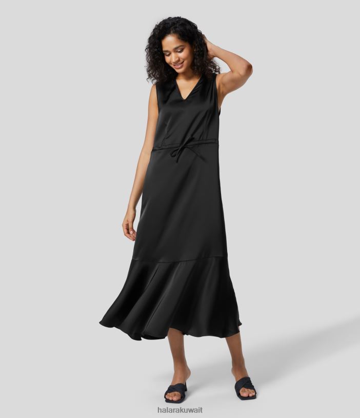 ملابس أسود TDP4N1221 نحيف Halara فستان طويل برقبة على شكل حرف V بدون أكمام برباط وجيب جانبي وحاشية مكشكشة يشبه الساتان