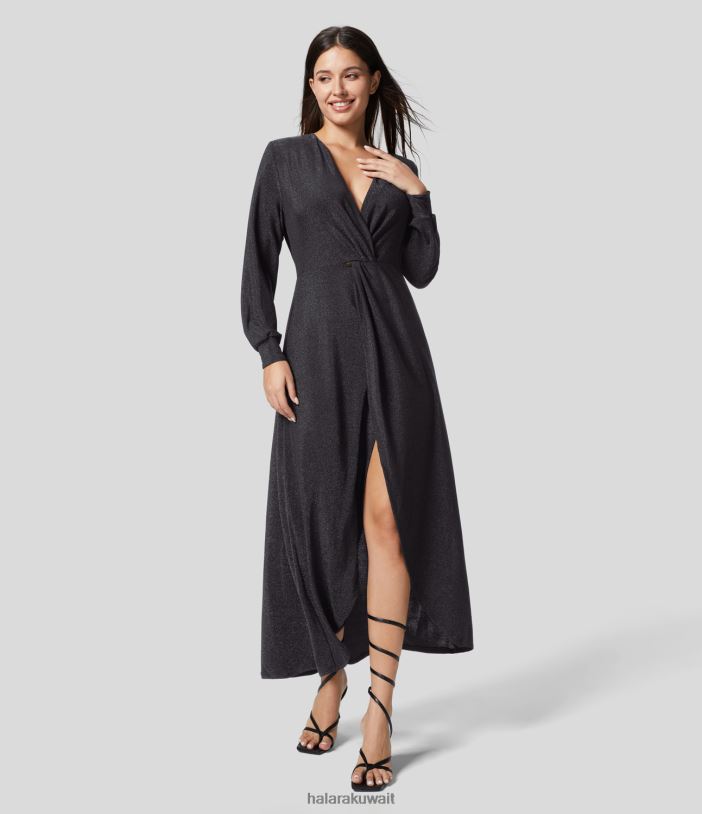 ملابس بريق أسود أزرق TDP4N1222 نحيف Halara فستان حفلات بفتحة رقبة عميقة على شكل حرف V ومكشكش وحاشية غير متماثلة معدنية