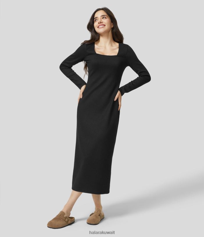 ملابس أسود TDP4N1224 نحيف Halara فستان متوسط ​​الطول برقبة مربعة مضلعة وأكمام طويلة وربطة خلفية