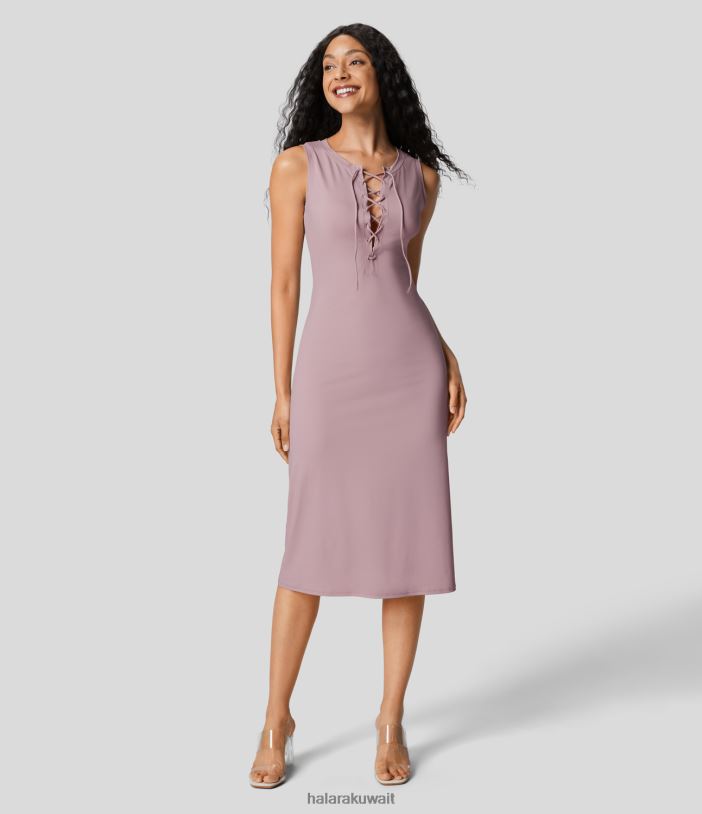 ملابس أرجواني تذكار TDP4N1227 نحيف Halara فستان كاجوال متوسط ​​الطول برقبة دائرية ورباط