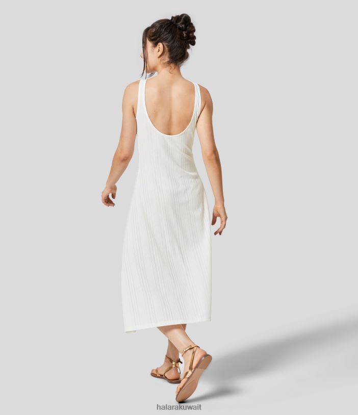 ملابس أبيض TDP4N1228 نحيف Halara فستان كاجوال ميدي محبوك مضلع بياقة على شكل حرف V ورباط بدون أكمام وظهر مكشوف