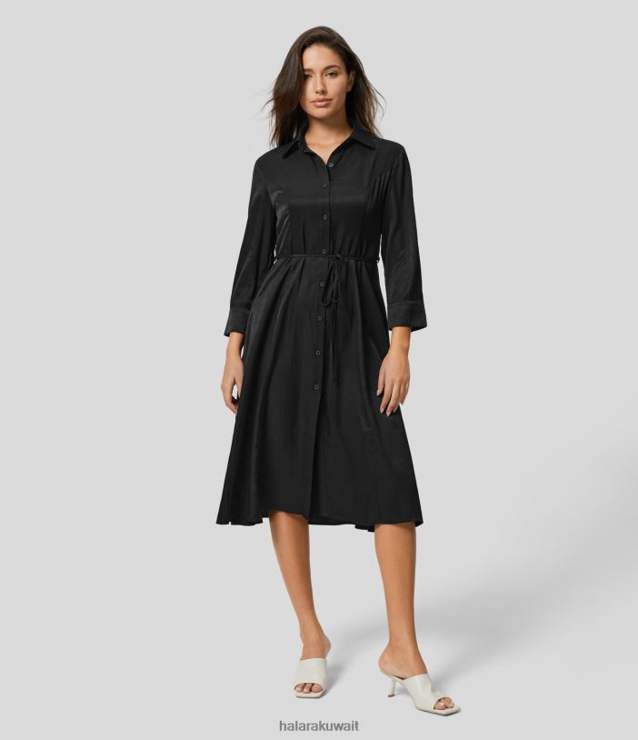 ملابس أسود TDP4N1233 نحيف Halara فستان كاجوال متوسط ​​الطول بياقة وربطة عنق أمامية وأكمام طويلة