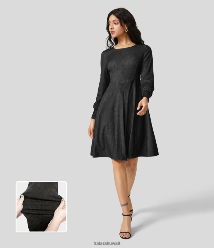 ملابس الدنيم المغسول باللون الأسود TDP4N1236 نحيف Halara فستان عمل متوسط ​​الطول برقبة دائرية سحرية وأكمام طويلة وجيب جانبي ومطوي ومتوهج ومطاط من قماش الدنيم