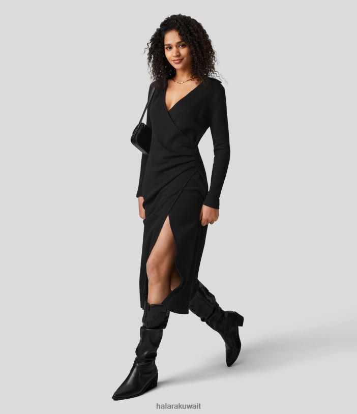 ملابس أسود TDP4N1237 نحيف Halara فستان كاجوال متوسط ​​الطول من القطن برقبة على شكل حرف V وحاشية مكشكشة