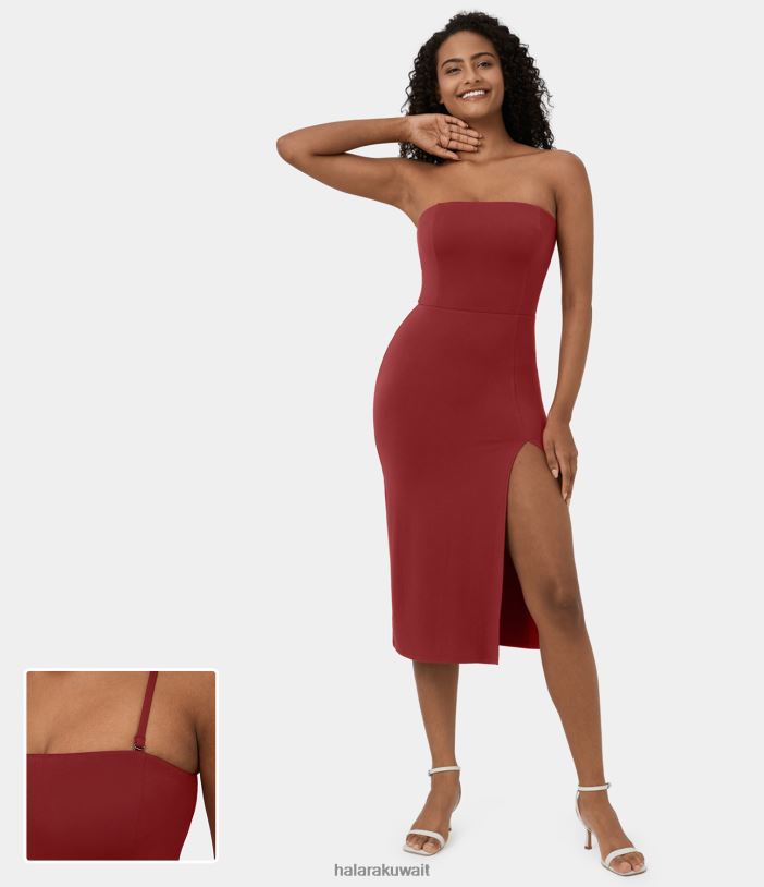 ملابس الداليا الحمراء TDP4N1239 نحيف Halara فستان كاجوال متوسط ​​الطول بحزام قابل للتعديل والإزالة بدون ظهر