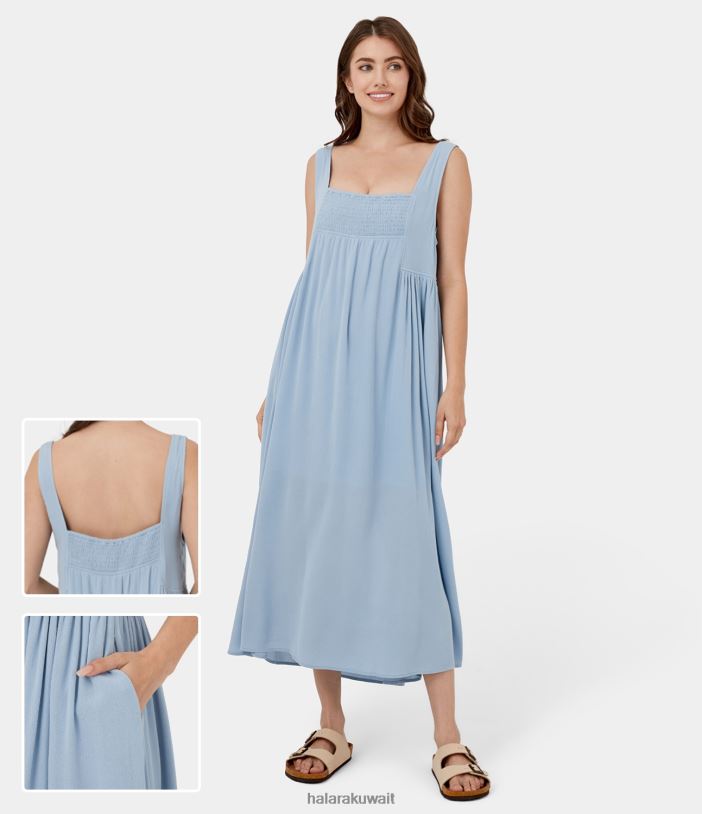 ملابس شلالات انجل TDP4N1241 نحيف Halara فستان ماكسي كاجوال من القطن برقبة مربعة وبدون أكمام وظهر مكشوف وجيب جانبي مطوي