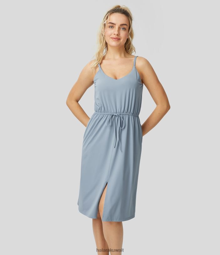 ملابس الضباب الأزرق TDP4N1242 نحيف Halara فستان كاجوال متوسط ​​الطول بحزام قابل للتعديل ورباط بدون ظهر وجيب جانبي منقسم وملمس رائع