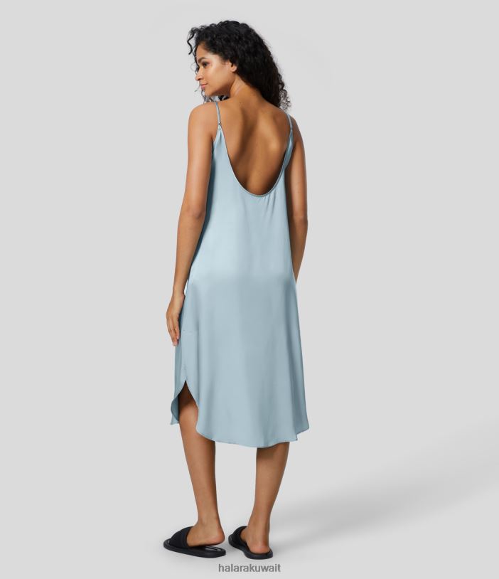 ملابس الأزرق الاسترليني TDP4N1248 نحيف Halara فستان ميدي سهل الارتداء بحاشية منحنية بدون ظهر يشبه الساتان