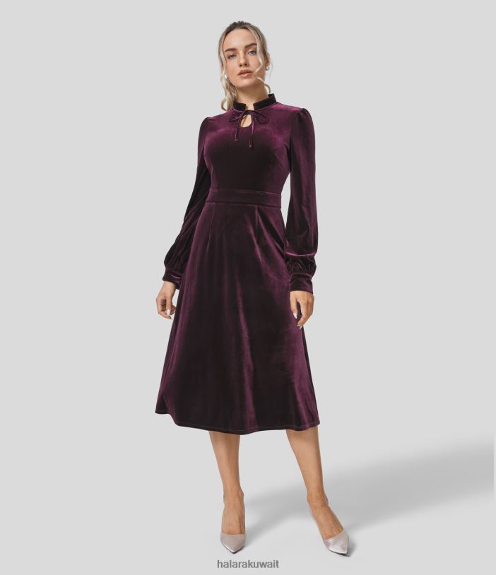 ملابس أرجواني غامق TDP4N1250 نحيف Halara فستان حفلات مخملي متوسط ​​الطول بياقة واقفة وربطة عنق على الجانب الأمامي وسحاب غير مرئي