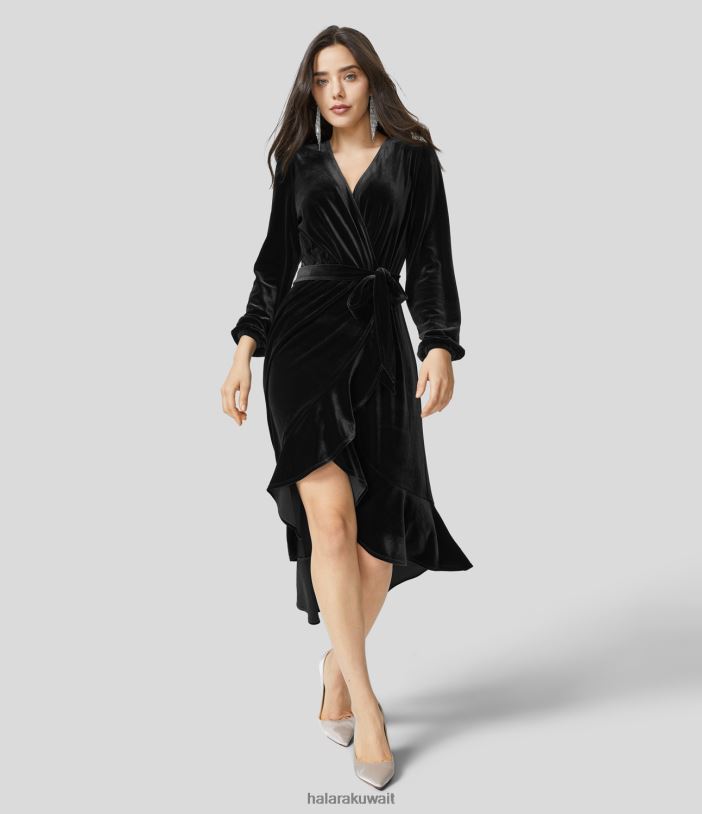 ملابس أسود TDP4N1251 نحيف Halara فستان كاجوال متوسط ​​الطول برقبة على شكل حرف V وأكمام طويلة وربطة أمامية مخملية عالية ومنخفضة