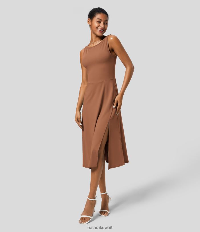 ملابس الصدأ الأحمر TDP4N1252 نحيف Halara فستان منتجع ميدي بفتحة رقبة قارب بدون أكمام وجيب جانبي