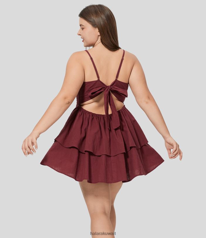 ملابس رمان TDP4N1255 نحيف Halara فستان قصير بدون ظهر وحزام قابل للتعديل وربطة عنق وطبقات وكشكشة وانسيابية من القطن الكاجوال مقاس كبير