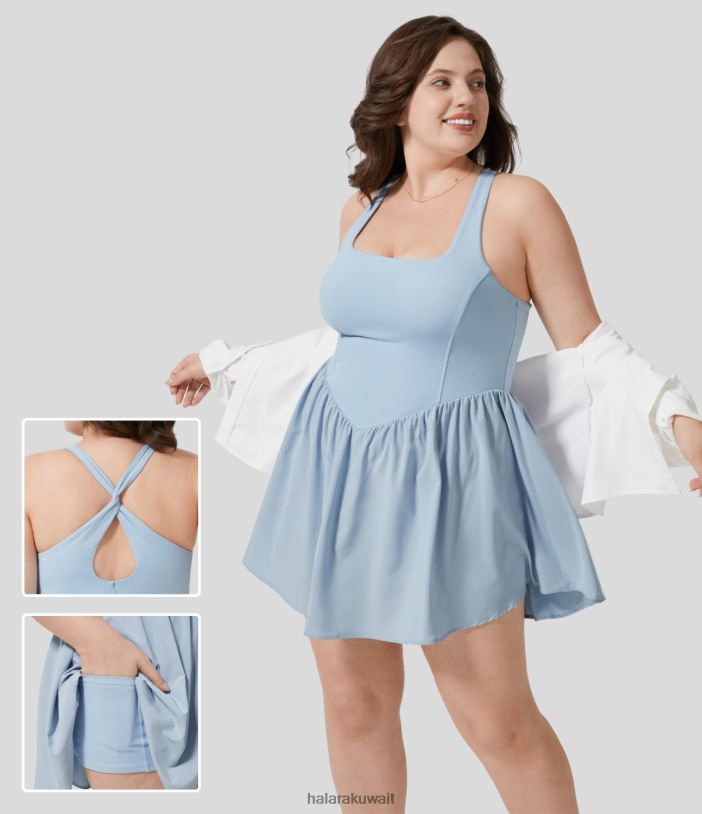 ملابس رياضية شلالات انجل TDP4N1256 نحيف Halara فستان بفتحة رقبة مربعة بدون ظهر وفتحة متقاطعة وظهر ملتوي 2 في 1 وجيب جانبي مشد قصير سريع الجفاف كاجوال مقاس كبير