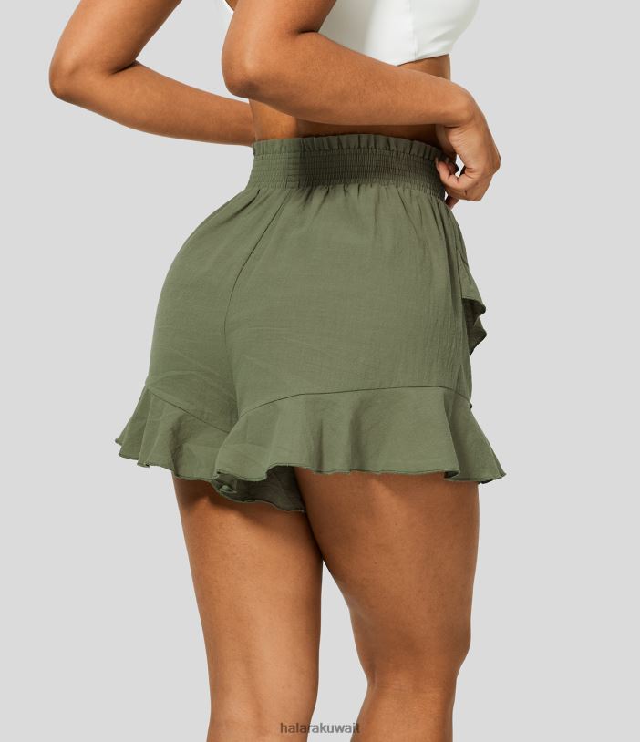 ملابس لودن الأخضر TDP4N1263 نحيف Halara شورت قطني غير رسمي متدفق مكشكش ومكشكش عالي الخصر