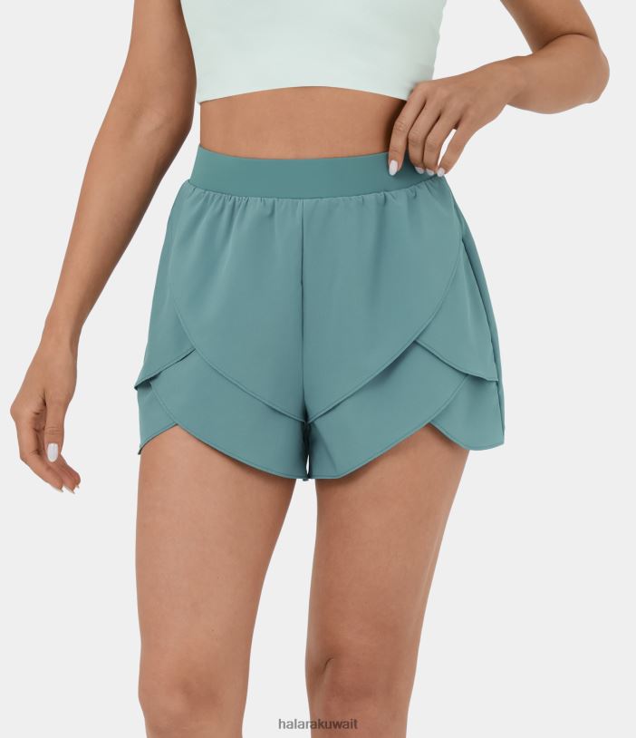 ملابس رياضية الأزرق المعدني TDP4N1265 نحيف Halara شورت رقص قصير بخصر عالٍ مكون من طبقتين وحاشية بتلات وسريع الجفاف 3 بوصات