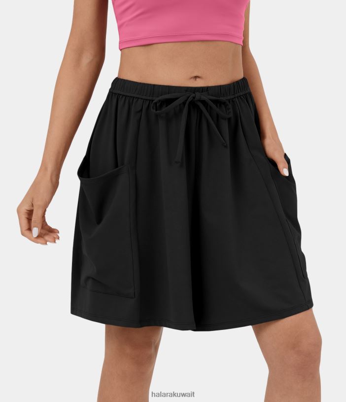 ملابس رياضية أسود TDP4N1266 نحيف Halara شورت كاجوال بحزام خصر مطاطي متوسط ​​الارتفاع وجيب جانبي وواسع الساق