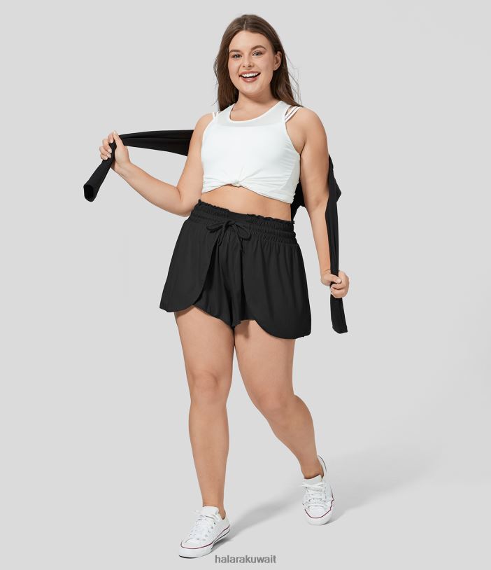 قيعان أسود TDP4N1269 نحيف Halara شورت مكشكش عالي الخصر وحزام خصر مرن برباط ومكدس غير رسمي مقاس كبير