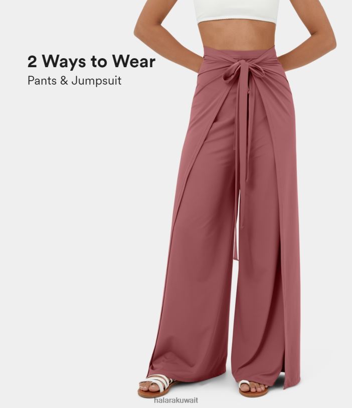 ملابس رياضية وردة حمراء فاتحة TDP4N126 نحيف Halara بنطال كاجوال واسع الساق واسع الساق وربطة عنق أمامية مقسمة من الأمام
