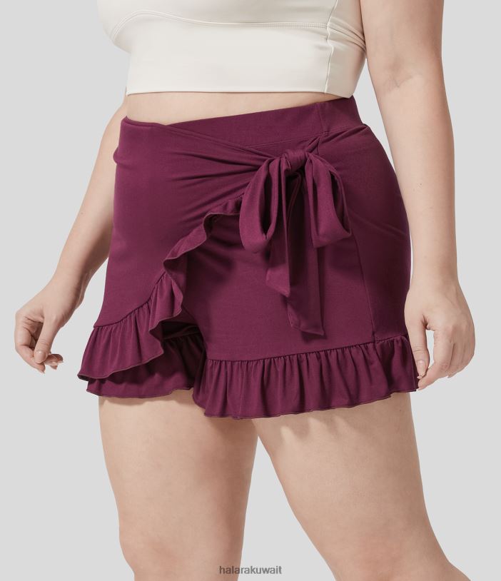 قيعان أحمر بنفسجي TDP4N1271 نحيف Halara شورت عالي الخصر بحاشية مكشكشة جانبية كاجوال مقاس كبير 3.5"