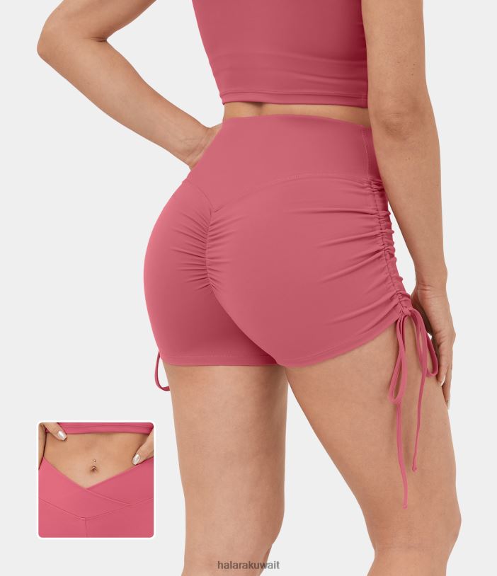 ملابس رياضية بيجونيا روج TDP4N1277 نحيف Halara شورت يوجا ناعم من القطيفة عالي الخصر برباط جانبي 2.5 بوصة