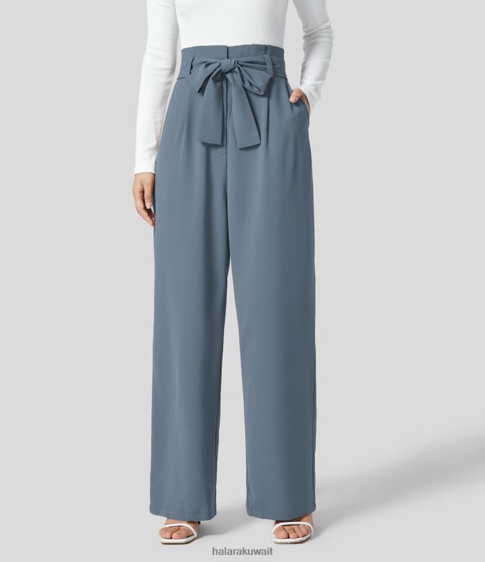 ملابس أعماق البحار رمادية زرقاء TDP4N127 نحيف Halara حقيبة ورقية عالية الخصر وجيب جانبي وحزام بدلة عمل واسعة الساق