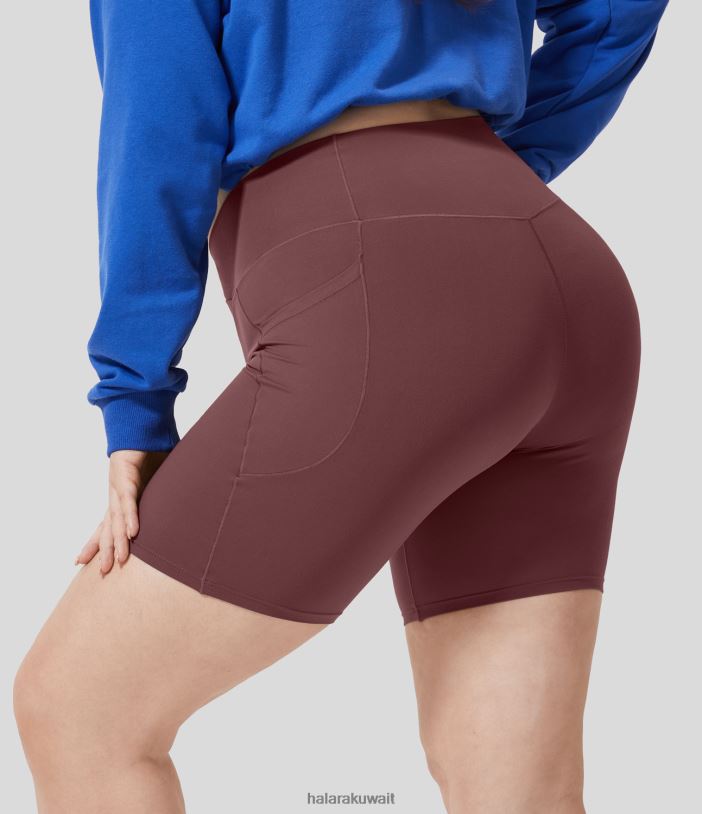 قيعان الماهوجني الأحمر TDP4N1289 نحيف Halara شورت Softlyzero عالي الخصر وجيب جانبي لليوجا مقاس كبير 7 بوصات