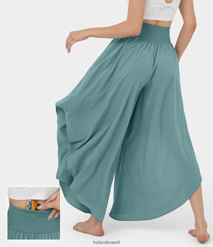 ملابس رياضية الأزرق المعدني TDP4N128 نحيف Halara بنطال الرقص ذو الخصر العالي وحزام الخصر وجيب Palazzo المتطاير والمكشكش وواسع الساق وسريع الجفاف