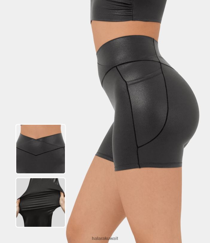 ملابس رياضية غسق أسود لامع TDP4N1297 نحيف Halara شورت Softlyzero من الجلد الصناعي بخصر عالٍ وجيب جانبي وطباعة فويل كاجوال قابل للتمدد مقاس 5 بوصات