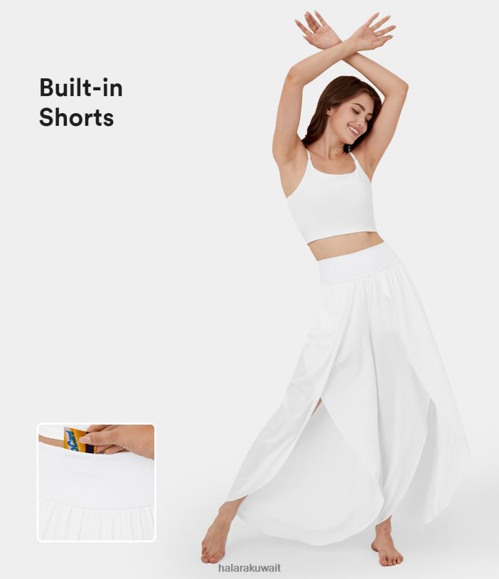 ملابس رياضية أبيض TDP4N129 نحيف Halara بنطال كاجوال بخصر عالٍ وحزام خصر خلفي وجيب بالازو انسيابي واسع الساق 2 في 1 سريع الجفاف