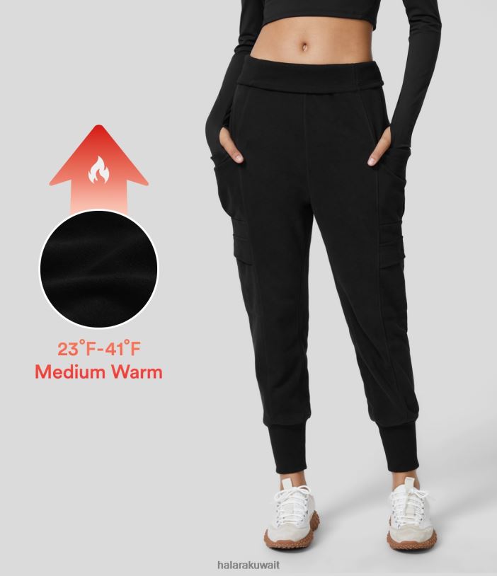 ملابس رياضية أسود TDP4N12 نحيف Halara بنطلون رياضي قطني كاجوال عالي الخصر وجيب جانبي قابل للطي مصنوع من الصوف