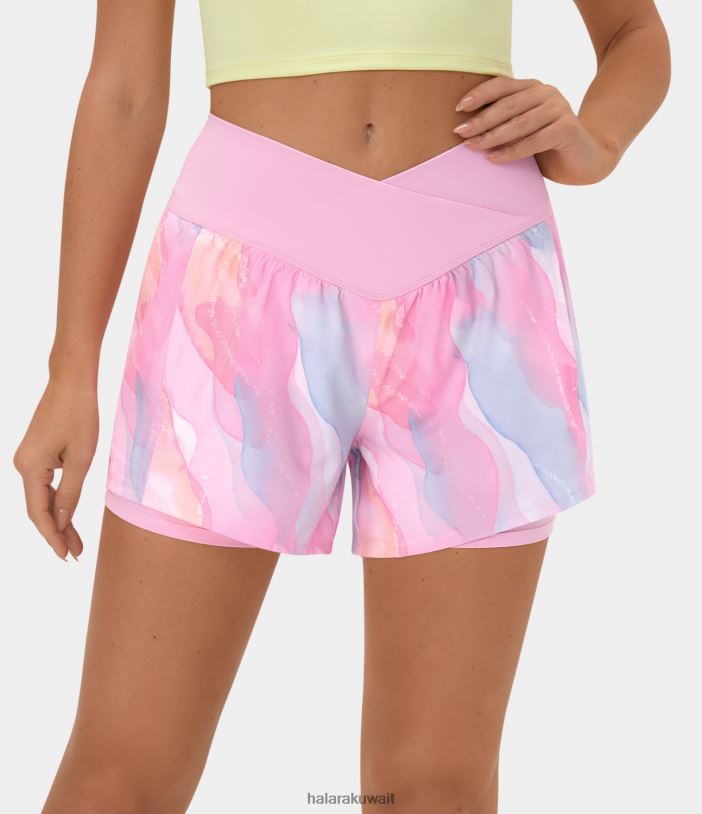 ملابس رياضية الإيمان الذهبي TDP4N1300 نحيف Halara شورت يوغا بخصر عالٍ وجيب جانبي متقاطع 2 في 1 بألوان مائية سريع الجفاف 4 بوصات