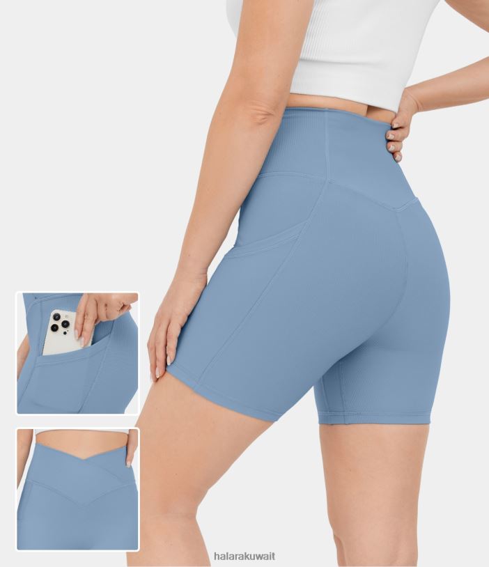 ملابس رياضية إبداعي TDP4N1302 نحيف Halara شورت يوجا لراكبي الدراجات النارية مضلع بخصر عالٍ وجيب جانبي
