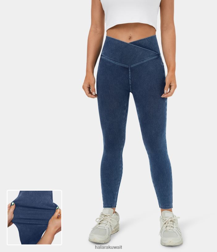 ملابس بحيرة الدنيم الأزرق TDP4N1308 نحيف Halara بنطال ضيق للعمل من قماش الدنيم المنسوج القابل للتمدد بجيب جانبي سحري