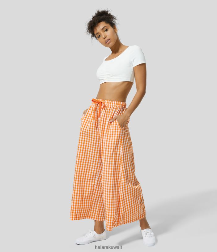 ملابس القماش القطني الأبيض البرتقالي TDP4N130 نحيف Halara بنطال قطني كاجوال بخصر عالٍ برباط وجيب جانبي من القماش القطني واسع الساق