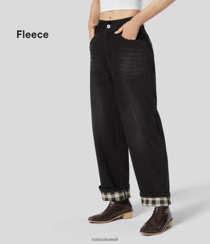 ملابس الدنيم المغسول باللون الأسود TDP4N1313 نحيف Halara جينز سحري عالي الخصر وسحاب وجيوب متعددة وأرجل مستقيمة منقوشة من الصوف ومتماسكة ومطاطة كاجوال بوي فريند