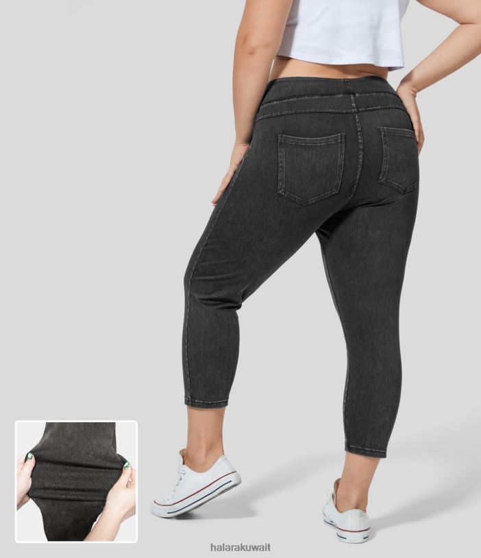 ملابس الدنيم الأسود TDP4N1319 نحيف Halara بنطال كابري من قماش الدنيم المتماسك السحري ذو الخصر العالي والجيب الخلفي ومقاس كبير غير رسمي