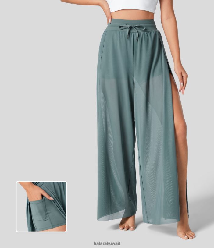 ملابس رياضية إبداعي TDP4N131 نحيف Halara سروال يوجا شبكي متباين برباط عالي الخصر 2 في 1 وجيب جانبي واسع الساق وواسع