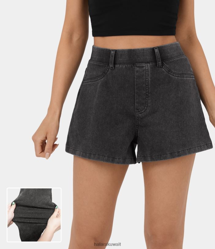 ملابس الدنيم الرمادي الداكن TDP4N1321 نحيف Halara شورت كاجوال من قماش الدنيم المنسوج القابل للتمدد بخصر عالٍ وجيب خلفي 2.5 بوصة